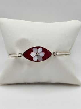 VINTAGE Mother of Pearl MOP Inset Flower Silver Tone Bangle Bracelet Mexico